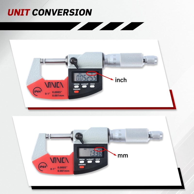 VINCA Absolute IP64 Origin Digital Micrometer, DMCA-0105 0-1"/0-25mm, 0.00005" /0.001mm Resolution, Hold Function, Carbide Tip - Image 3